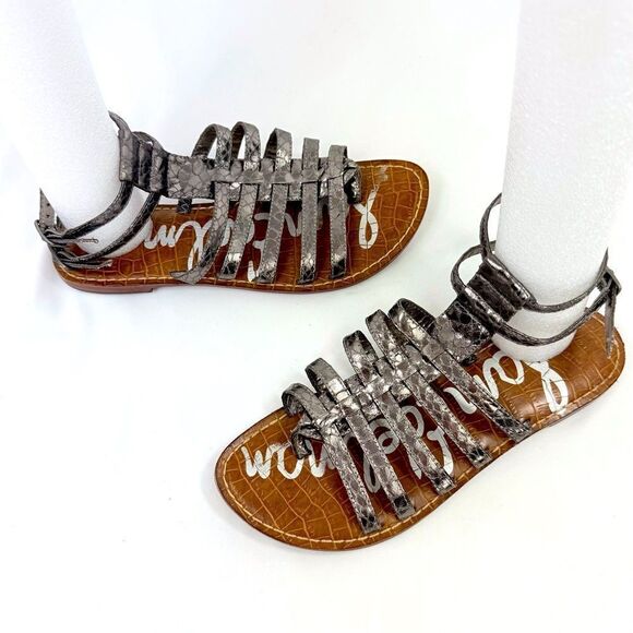 Sam Edelman GILDA Gunmetal Silver Snakeskin Open Toe Buckle Gladiator Sandals - Picture 4 of 10